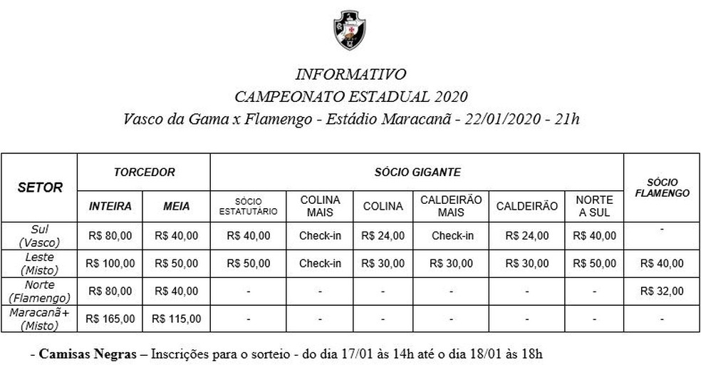 Vasco divulga informações sobre venda de ingressos para partida contra o Flamengo — Foto: Divulgação