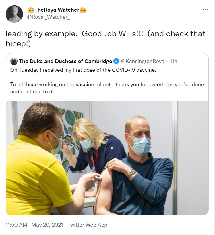 Internautas reagiram à foto do príncipe William sendo vacinado contra a Covid-19 (Foto: Reprodução / Twitter)