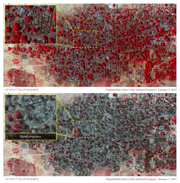Imagens de satélite divulgadas pela Anistia Internacional mostram destruição causada pelo grupo (Foto: Anistia Internacional)