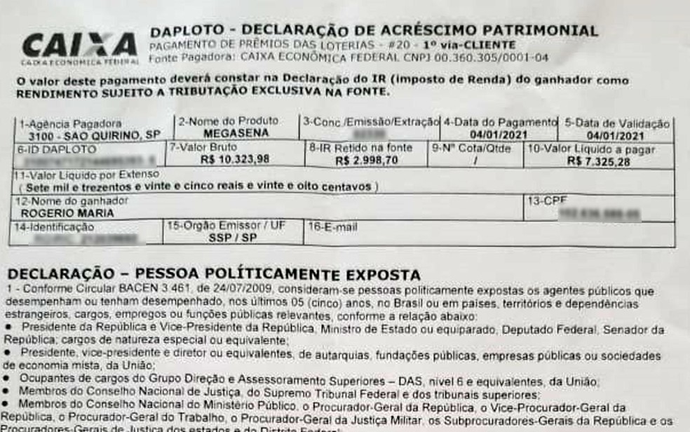 Documento da Caixa com informações do prêmio que Rogério Maria recebeu na Mega-Sena da Virada — Foto: Arquivo pessoal