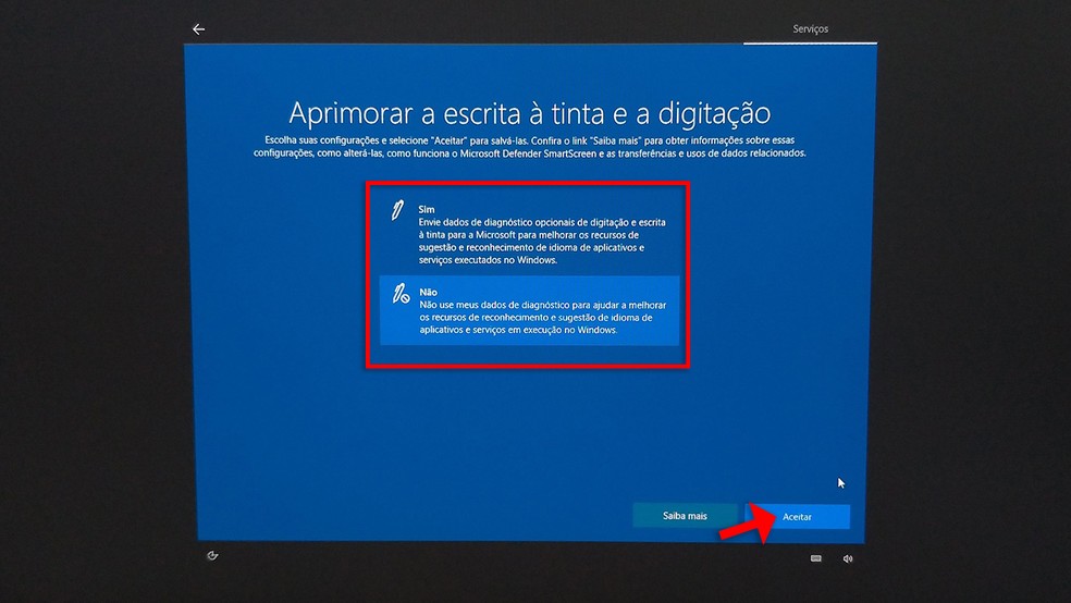 Tela de configuração do Windows 10 solicita permissão para envio de dados de diagnóstico opcionais referentes à digitação e escrita à tinta — Foto: Reprodução/Rafael Leite