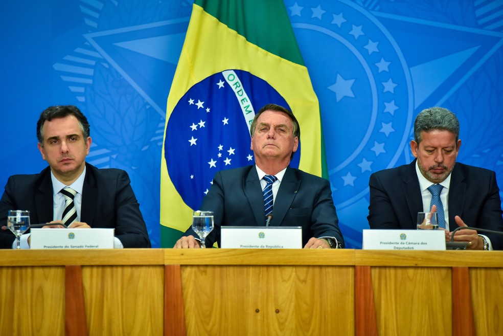 Presidente Jair Bolsonaro, Rodrigo Pacheco e Arthur Lira.  — Foto: Antonio Molina/Fotoarena/Estadão Conteúdo