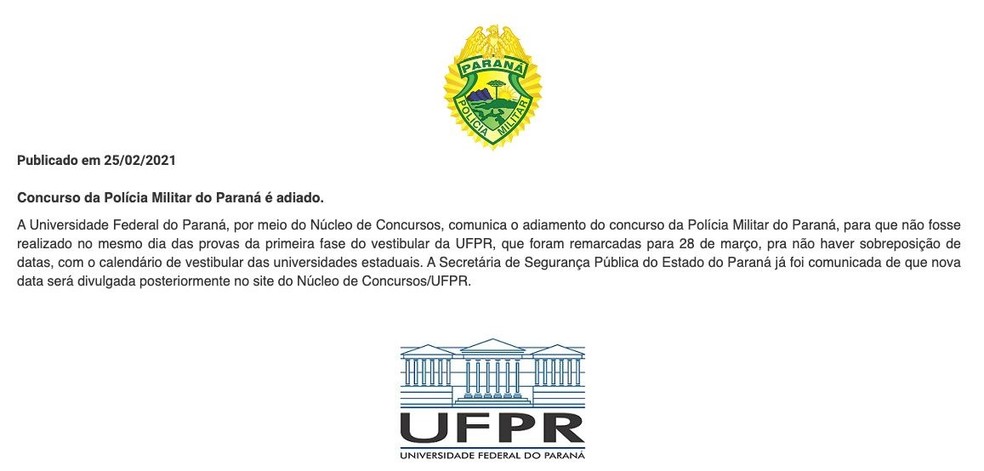 Núcleo de Concursos da UFPR publicou nota informando sobre o adiamento do concurso público da PM-PR, nesta quinta-feira (25) — Foto: Reprodução