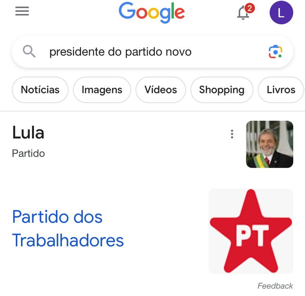 Google informa que Lula é presidente do Partido Novo — Foto: Reprodução