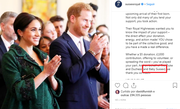Meghan Markle e príncipe Harry chamam filho de Baby Sussex (Foto: Reprodução Instagram)