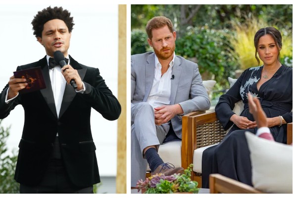 A atriz Meghan Markle, o Príncipe Harry e a Família Real foram alvo de piada de Trevor Noah, anfitrião do Prêmio Grammy 2021 (Foto: Getty Images)