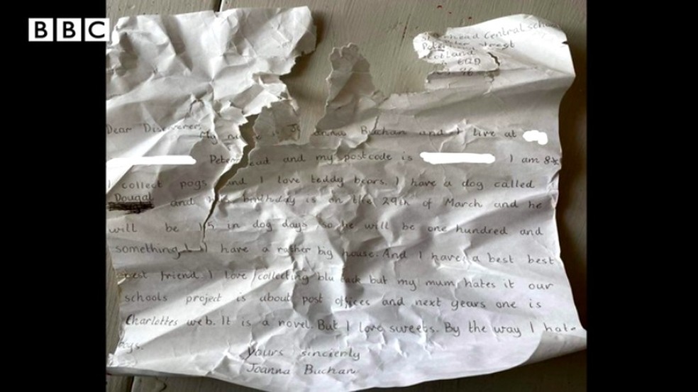 Carta lançada por Joanna Buchan ao mar na Escócia passou 25 anos até ser encontrada na Noruega — Foto: Reprodução/BBC
