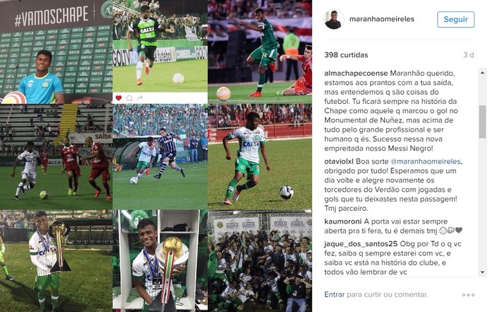 maranhao despedida comentários chapecoense (Foto: Reprodução / Instagram) maranhao despedida comentários chapecoense (Foto: Reprodução / Instagram)