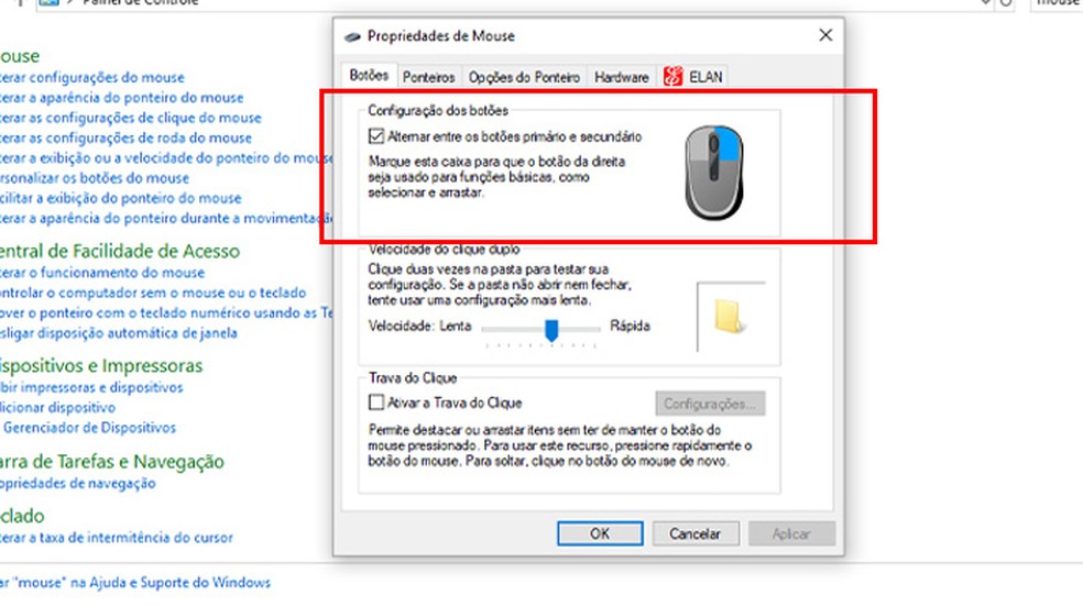 Como inverter os comandos do mouse "modo canhoto" — Foto: Reprodução/Giulia Araújo