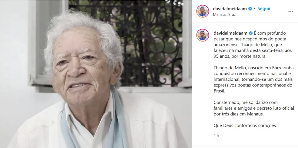 Prefeito de Manaus usou as redes sociais para se manifestar.  — Foto: Reprodução/Instagram