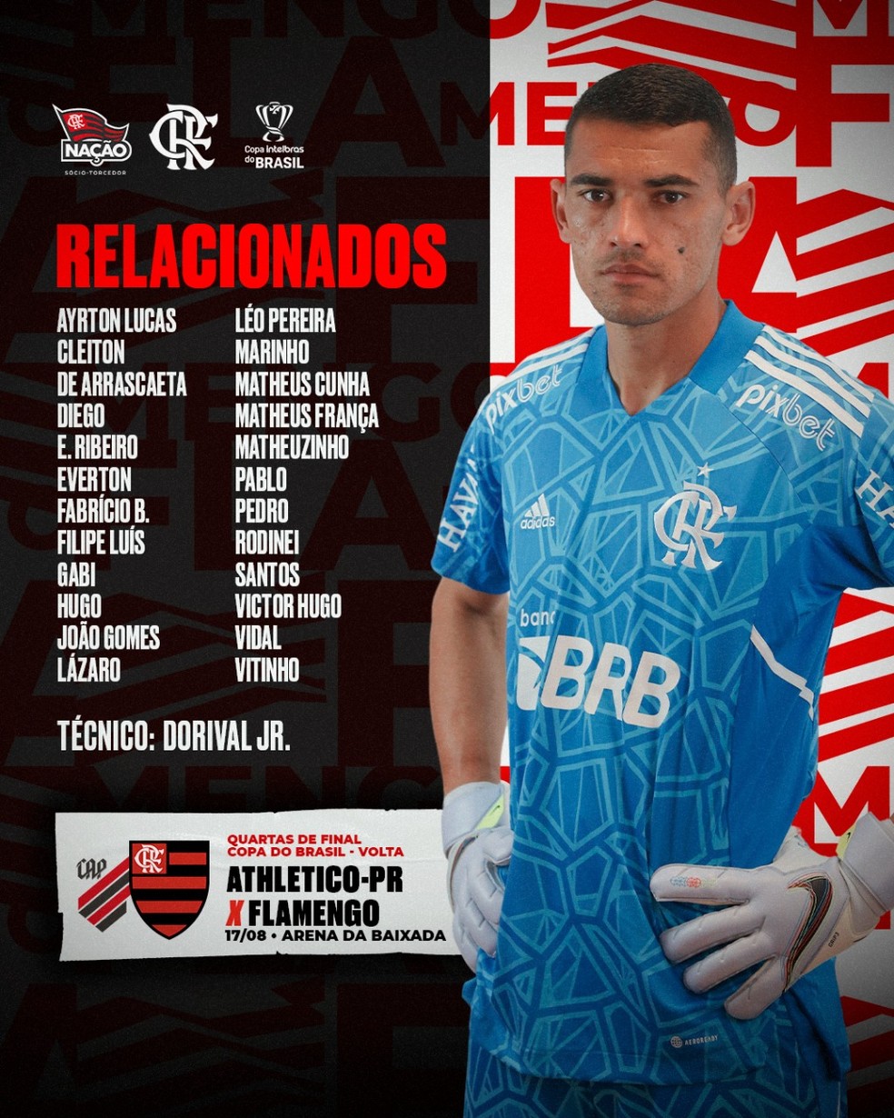 Relacionados do Flamengo para partida contra o Athletico — Foto: Divulgação
