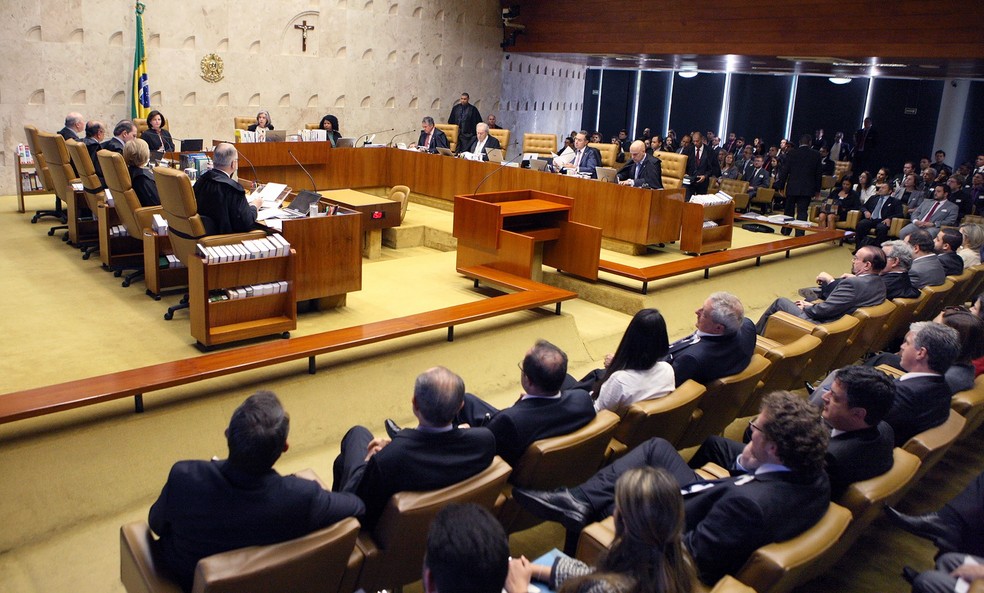 Imagem mostra os ministros do STF reunidos no plenário para discutir o pedido da defesa de Temer sobre a denúncia da PGR (Foto: Nelson Jr./SCO/STF)