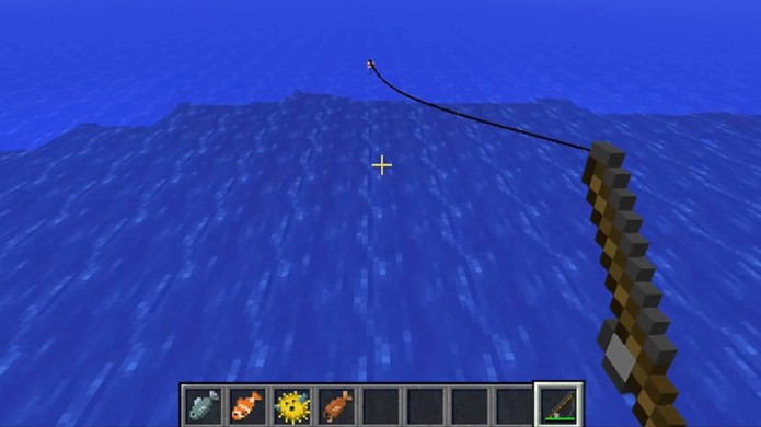 Na versão PC de Minecraft a pescaria possui vários tipos diferentes de peixes e até tesouros como selas (Foto: Reprodução/YouTube)