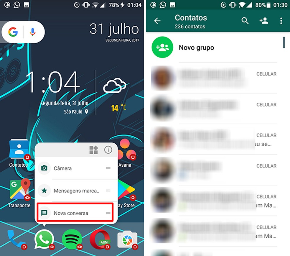 WhatsApp permite começar uma nova conversa a partir da tela inicial do sistema (Foto: Reprodução/Elson de Souza)