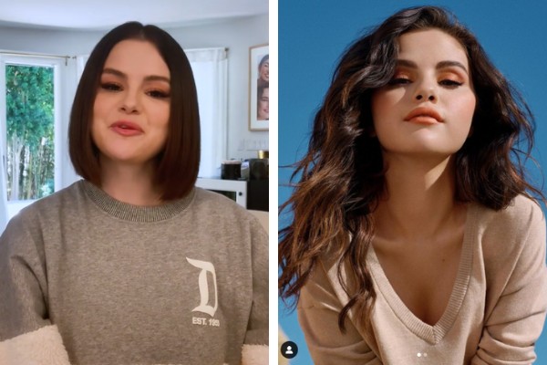 Selena Gomez surge de cabelo curtinho; visual anterior da cantora (Foto: Reprodução/TikTok; Reprodução/Instagram)