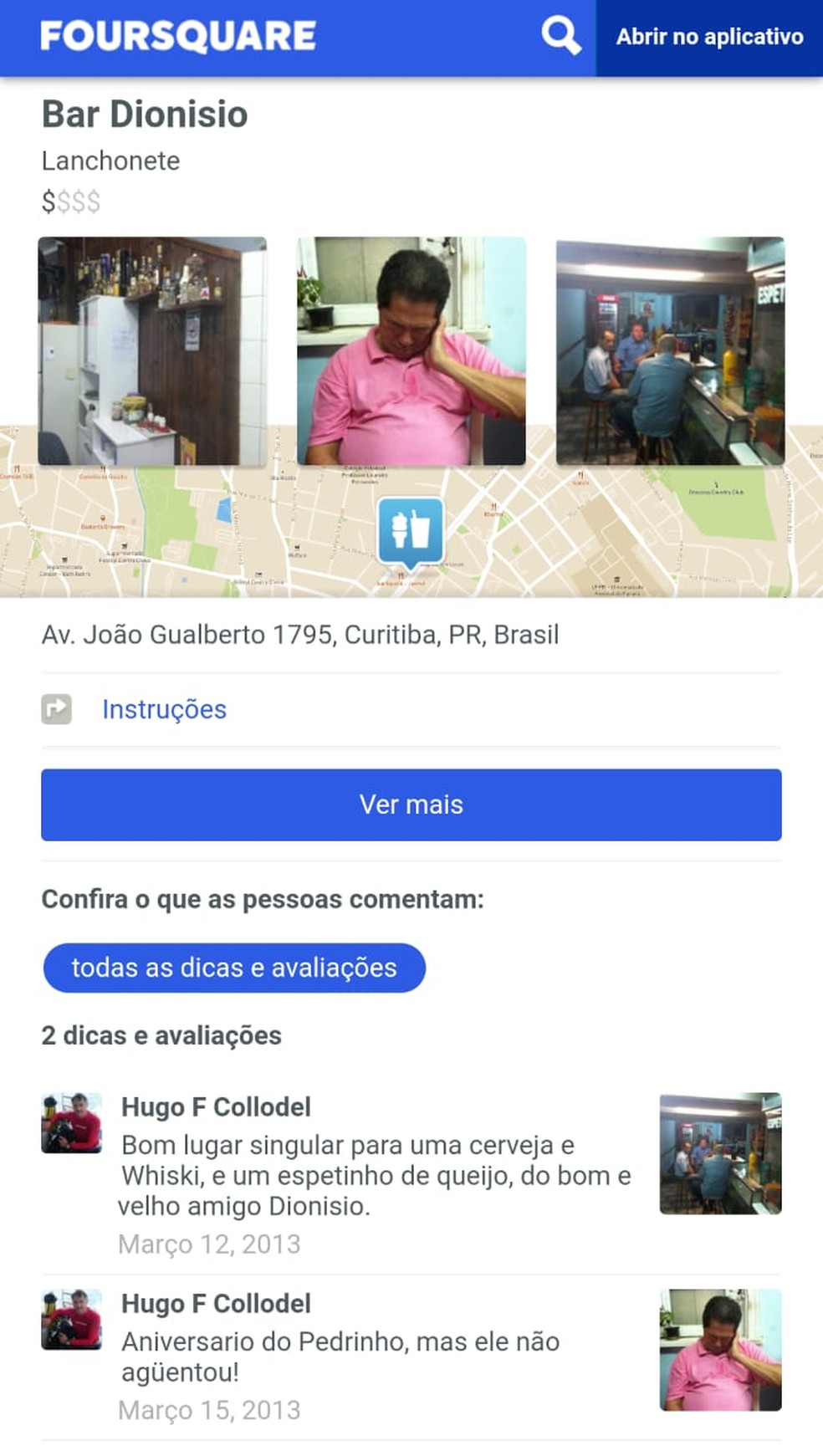 Frequentador do Bar do Dionísio postou foto do Pedrinho dormindo em 2013 — Foto: Reprodução / Foursquare
