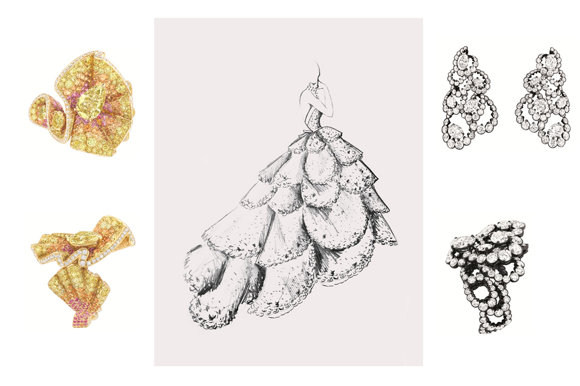 Sketch of the Junondress, autumn/winter 1949 haute couture collection, Milieu du Siècleline with, left, a yellow- and pink-gold ring with diamonds, spessartite garnets and pink sapphires Top right: diamond and white-gold earrings. Bottom right: a matching ring (Credit: Christian Dior Couture) (Foto:    )