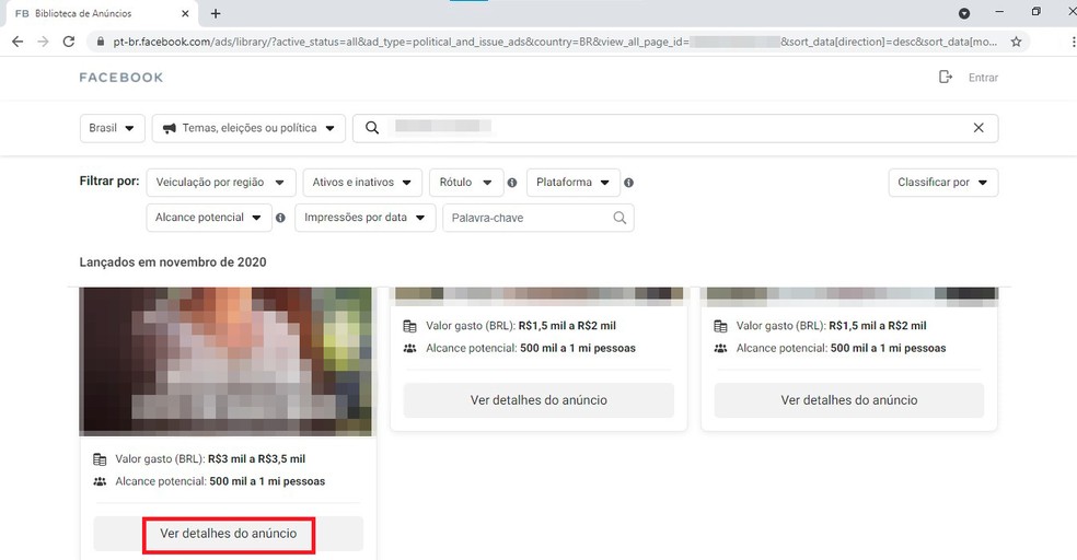 Anúncios do Facebook são exibidos em ordem cronológica, dos mais recentes para os mais antigos — Foto: Reprodução/Sabrina Souza