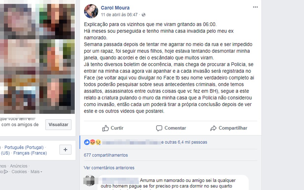 Moradora de Porto Seguro usou rede social para denunciar invasão de casa pelo ex (Foto: Reprodução/ Facebook)