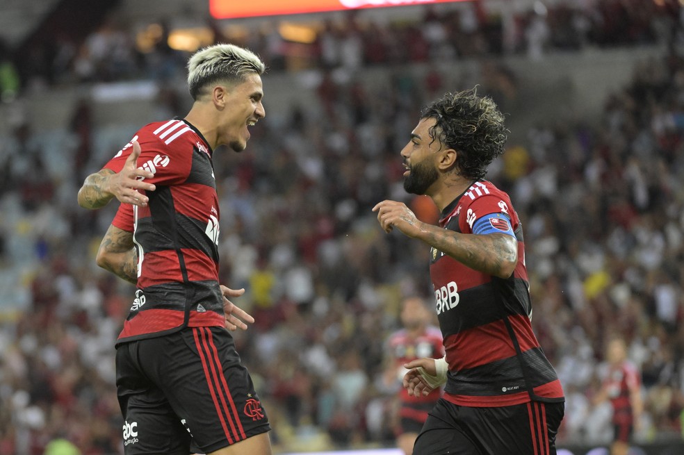 Pedro e Gabigol comemoram gol do Flamengo &mdash; Foto: Andr&eacute; Dur&atilde;o/ge