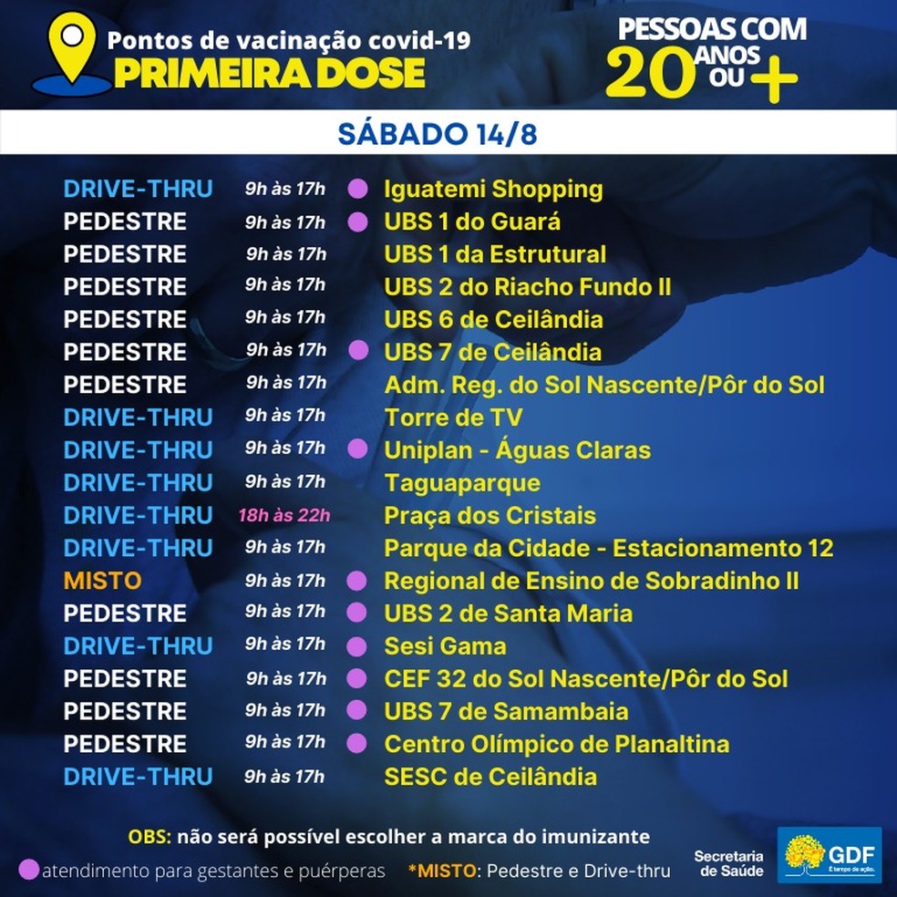 Postos para aplicação de primeira dose contra Covid-19 no DF, em 14 de agosto  — Foto: SES-DF/Reprodução