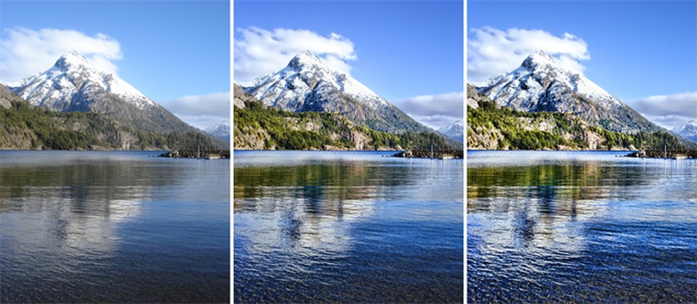 Imagem à esquerda apresenta foto original, sem HDR. Nos cortes à direita, o HDR é aplicado com diferentes gradações, dando ideia das diferenças entre HDR10 e Dolby Vision, respectivamente (Foto: Divulgação/Adobe) — Foto: TechTudo