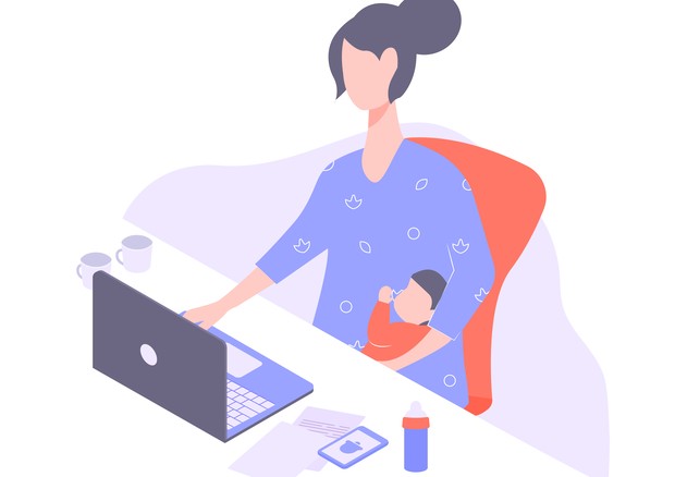 Cute mother with a baby in her arms. Sits at the desk. Works overtime, freelance, independent woman. Vector illustration. (Foto: Getty Images/iStockphoto)