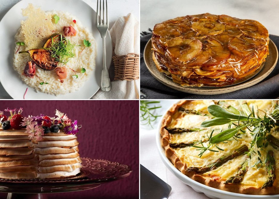 Risoto de parmesão, torta invertida de maçã, bolo chiffon e quiche de aspargos são opções para a ceia de Ano Novo