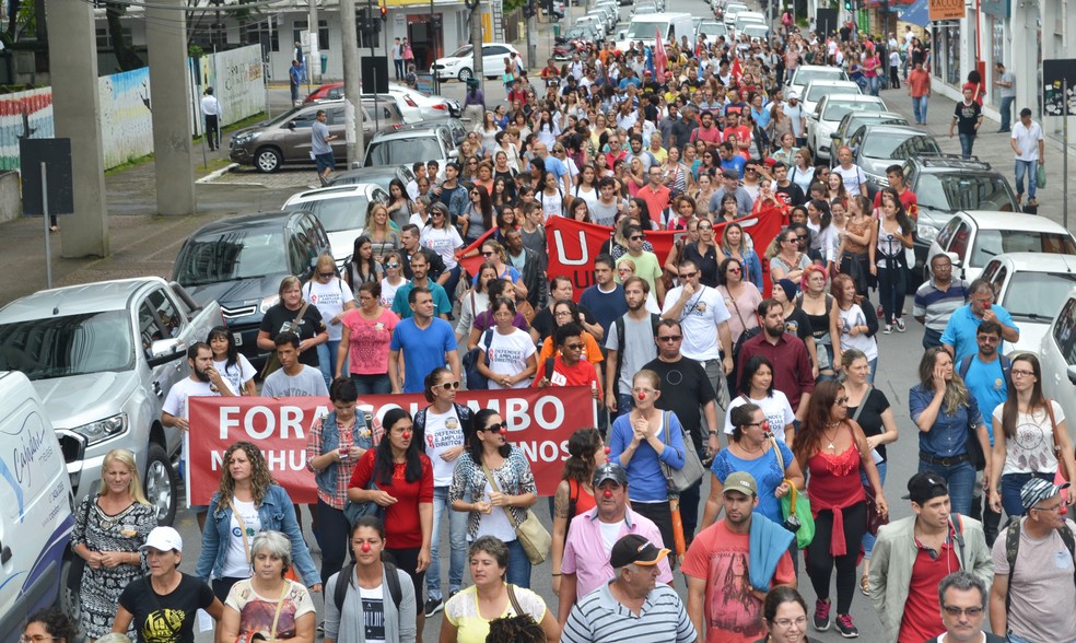 Manifestantes fizeram passeata em Joinville (Foto: Aline Seitenfus/Sinsej)