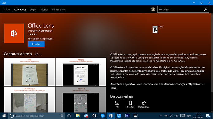 Office Lens para Windows 10 pode ser baixado na Windows Store (Foto: Reprodução/Elson de Souza)