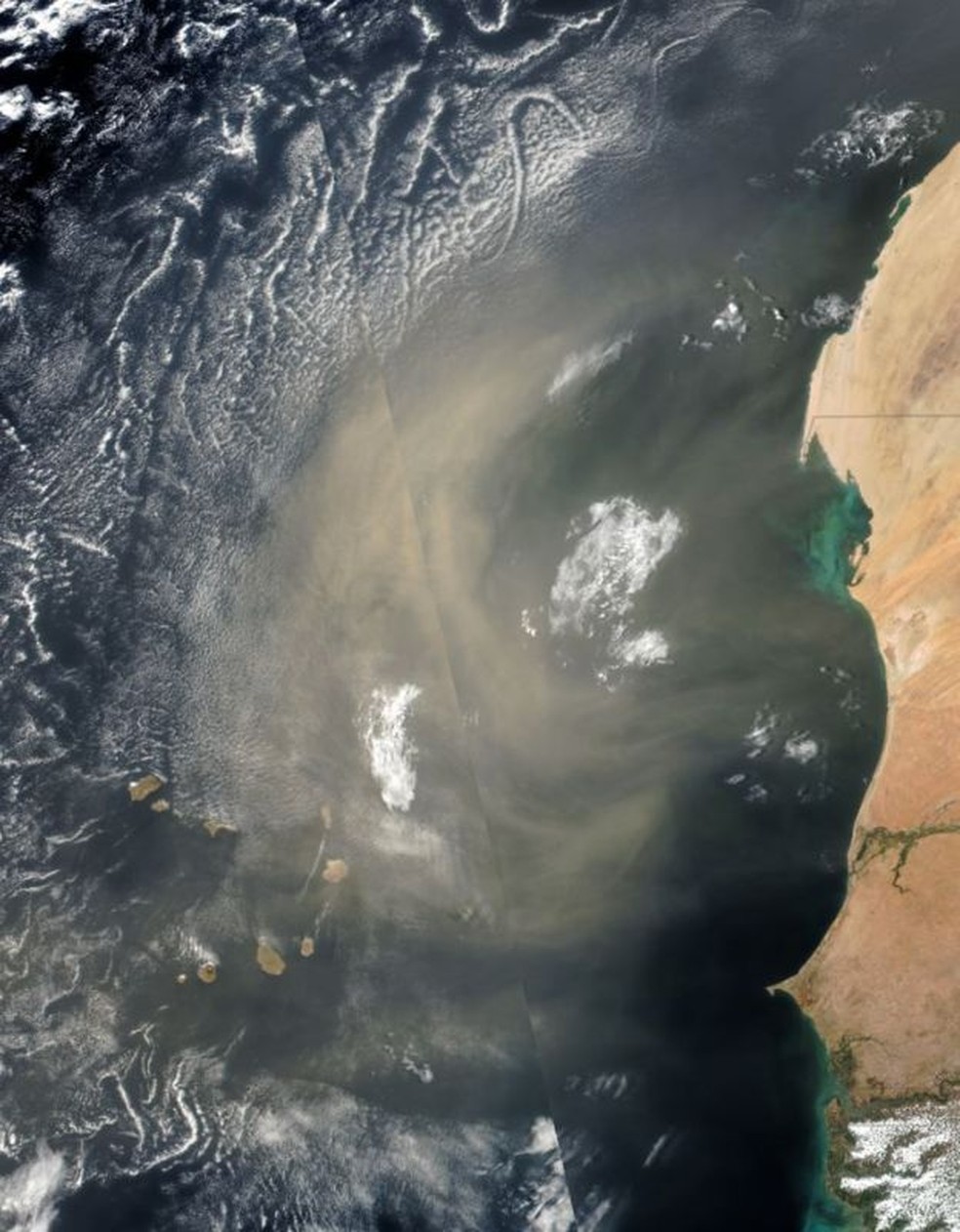 Foto de satélite mostra a onda de poeira se deslocando a partir da costa do norte da África (Foto: Nasa)