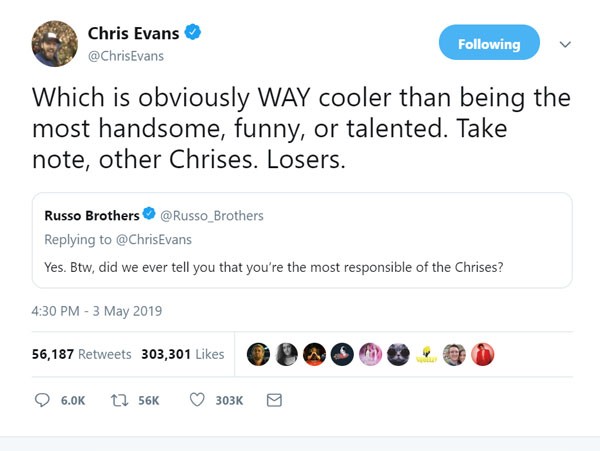 Elogio dos irmãos Russo a Chris Evans (Foto: reprodução Twitter)