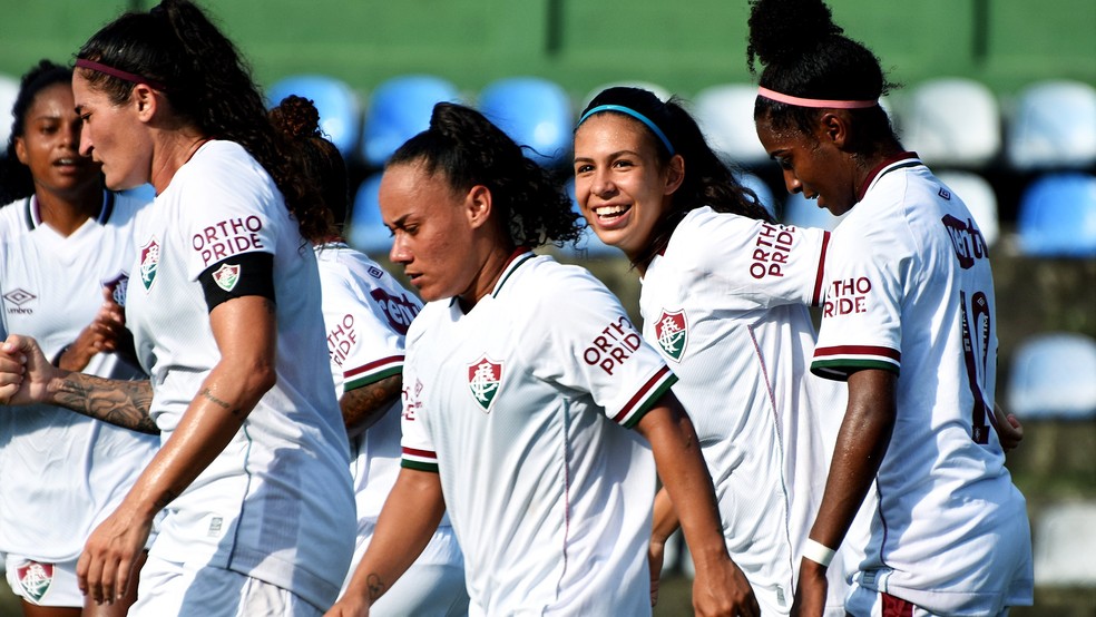 Jogadoras comemoram gol do Fluminense no Carioca Feminino — Foto: MAILSON SANTANA/FLUMINENSE FC