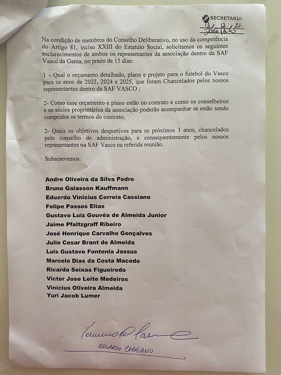 Grupo de conselheiros do Vasco cobra explicações sobre promessas da 777  — Foto: Reprodução
