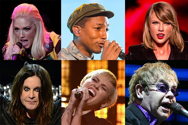 Gwen Stefani, Pharrell Williams, Taylor Swift, Ozzy Osbourne, Miley Cyrus e Elton John (Foto: Getty Images)