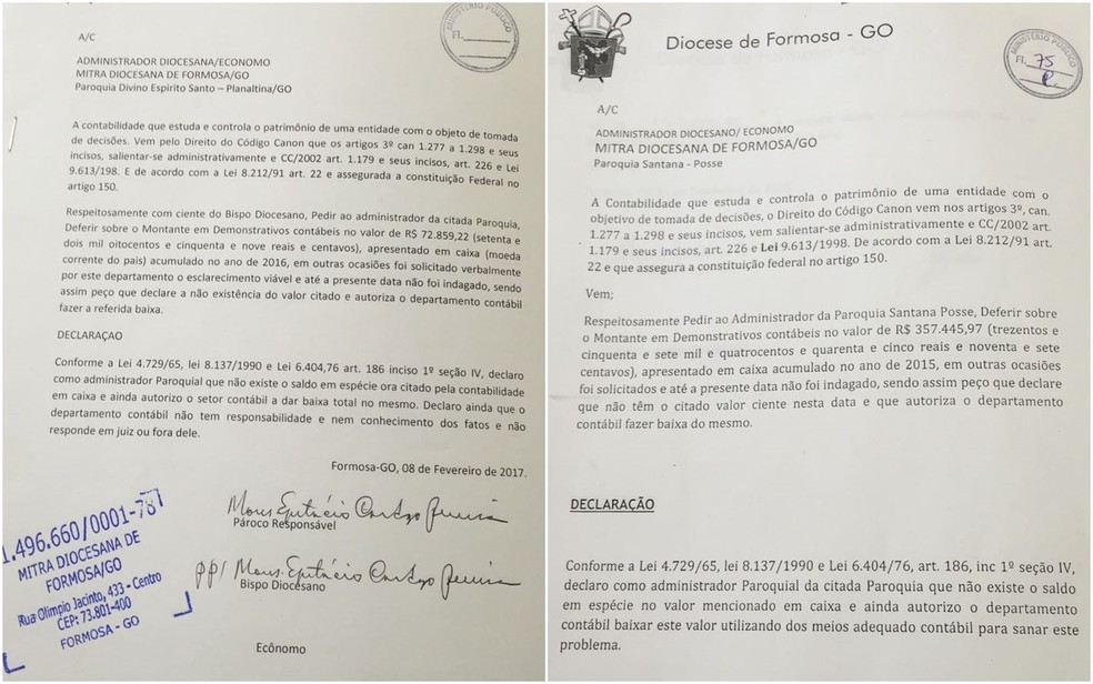 Documentos que apontam que religiosos reconheciam falta de dinheiro em caixa das paróquias Formosa Goiás (Foto: Repordução/MP-GO)