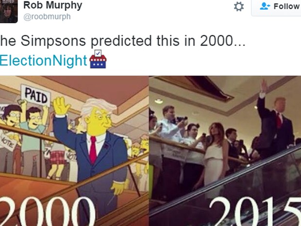 O famoso episódio dos 'Simpsons', com a acertada previsão feita 16 anos atrás, também não poderia faltar (Foto: Reprodução) O famoso episódio dos 'Simpsons', com a acertada previsão feita 16 anos atrás, também não poderia faltar (Foto: Reprodução)