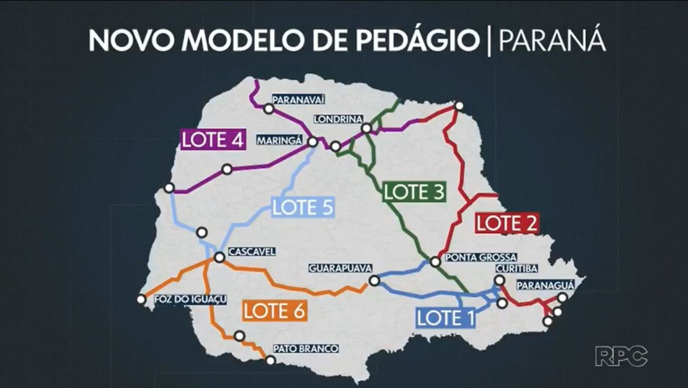 Novos contratos de pedágio das rodovias no Paraná vão ser divididos em seis lotes, que vão a leilão separadamente — Foto: Reprodução/RPC