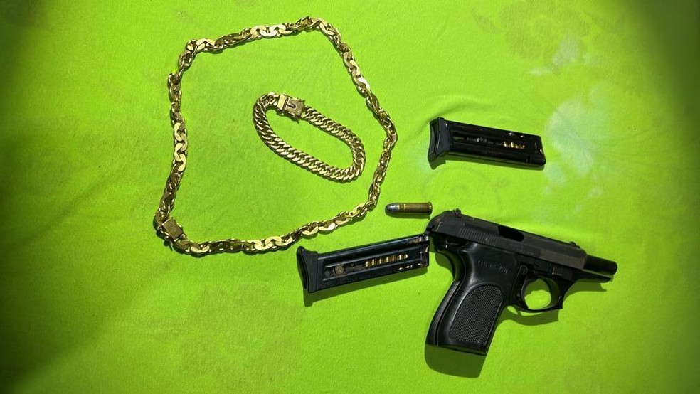 Arma e joias apreendidas em operação da PF contra comércio ilegal de ouro — Foto: Divulgação/Polícia Federal