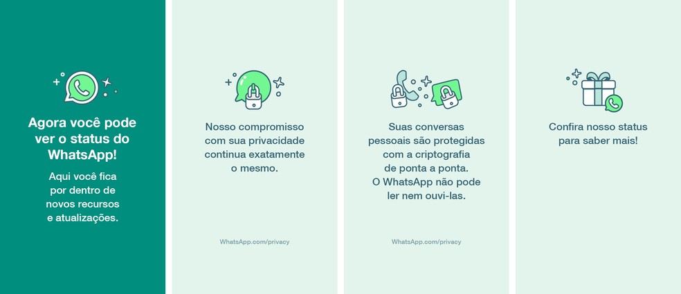 Mudanças nos termos do WhatsApp também foram exibidas na função Status do mensageiro  — Foto: Divulgação/WhatsApp