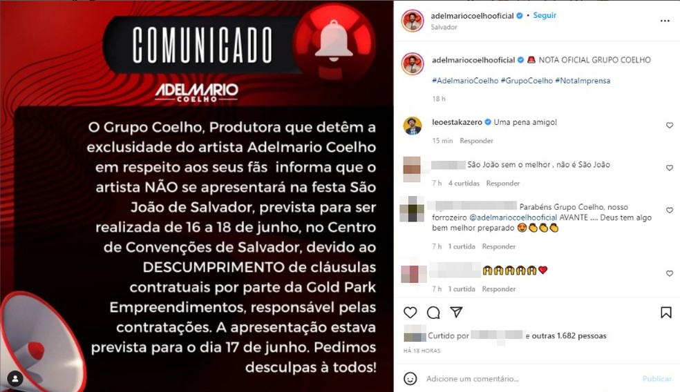 Adelmario Coelho cancela show em festa de São João em Salvador por descumprimento de cláusulas — Foto: Reprodução/Redes Sociais