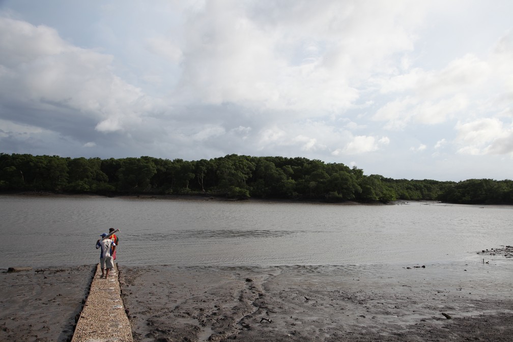 Pescadores entrando no mar no Porto da Salina, em Paço do Lumiar — Foto: Rafael Cardoso/G1 Maranhão