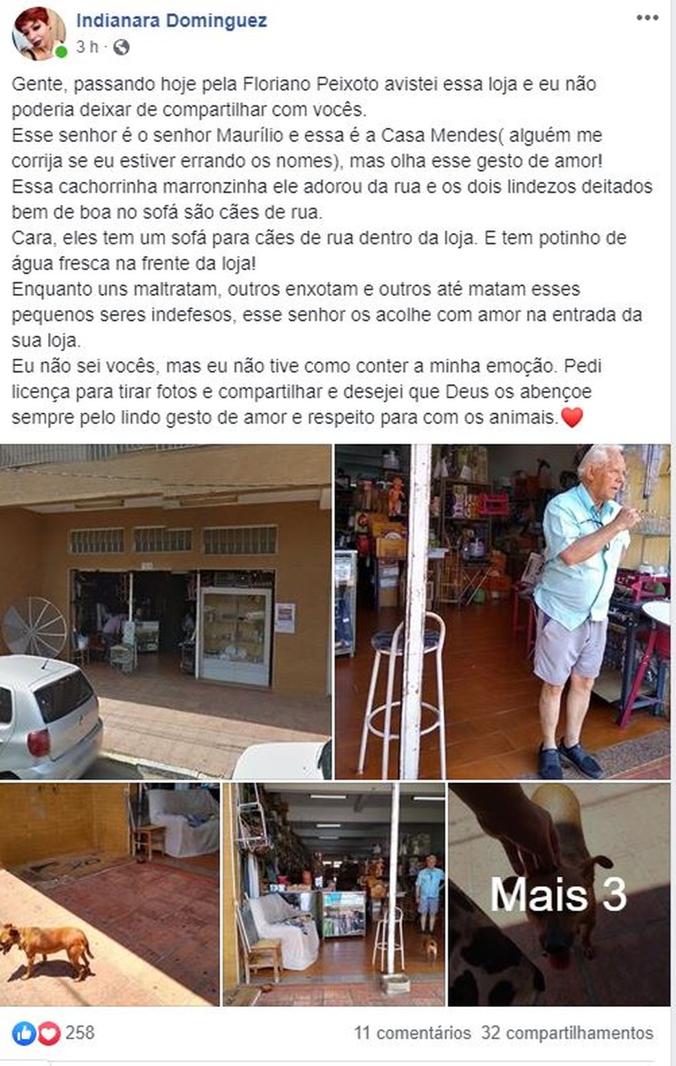Indianara Dominguez publicou sobre a atitude de seu Marcílio nas redes sociais — Foto: Reprodução/Facebook