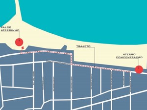 Mapa do cortejo na Praia de Iracema: saída da Avenida Historiador Raimundo Girão, em frente ao Ideal Clube, e finaliza percurso no palco do Aterrinho (Foto: Reprodução/Secultfor)