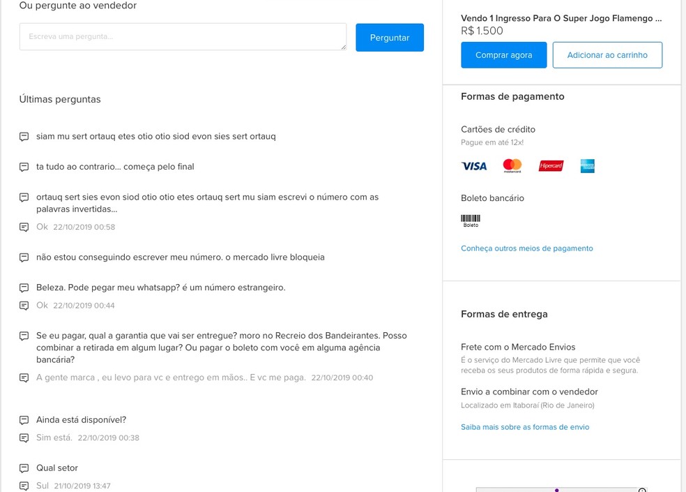 Vendedor de ingresso com preço majorado usa tática inusitada para entrar em contato direto com comprador — Foto: Reprodução