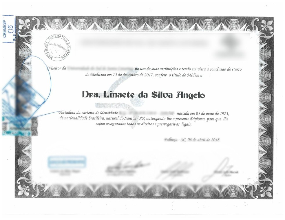 Diploma de Linaete — Foto: Reprodução