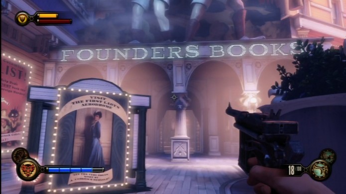 Bioshock Infinite: localize a Founder Books para procurar o Voxophone (Foto: Reprodução/IGN)