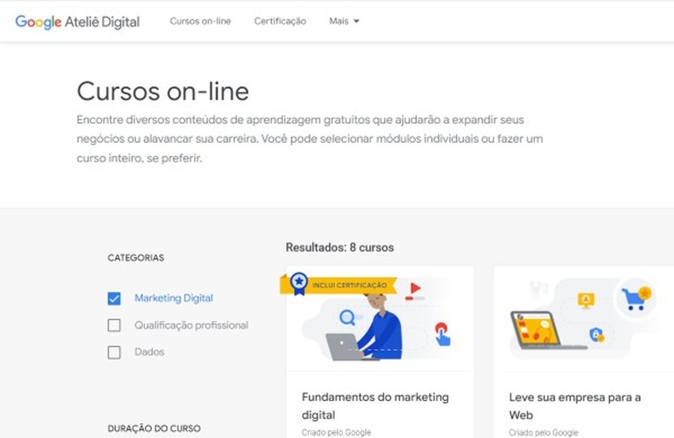 Google Ateliê Digital é uma plataforma que oferece cursos gratuitos — Foto: Reprodução/Thaisi Carvalho