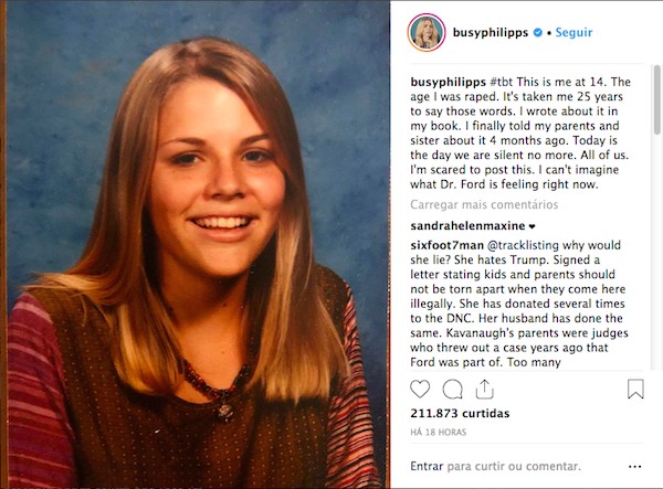 O post da atriz Busy Philipps revelando o abuso sexual que sofreu na adolescência (Foto: Instagram)