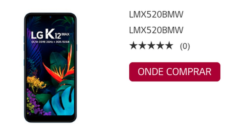Com codinome LMX520BMW, LG K12 Max já aparece no site da fabricante — Foto: Reprodução/LG